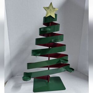 PartyLite Festive Green and Red Spiral Ribbon Tree with Gold And 6 Tealights